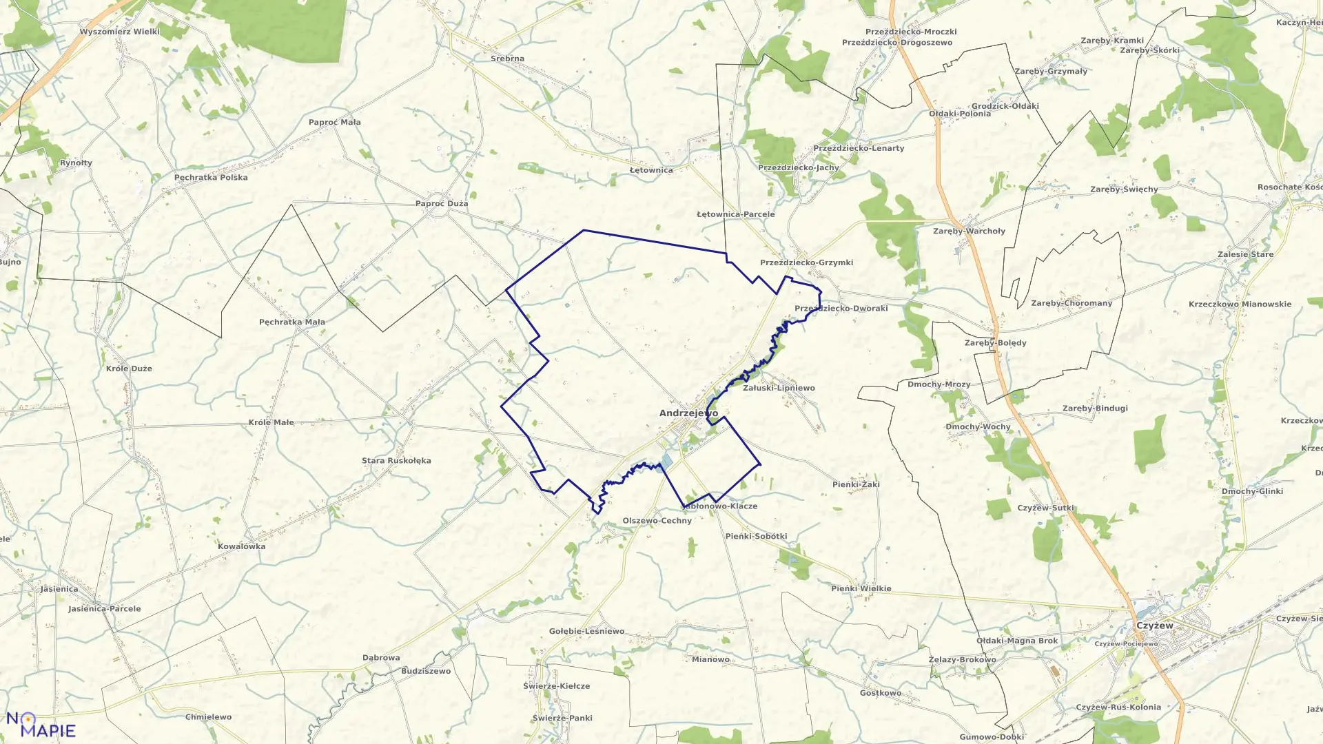 Mapa obrębu Andrzejewo w gminie Andrzejewo