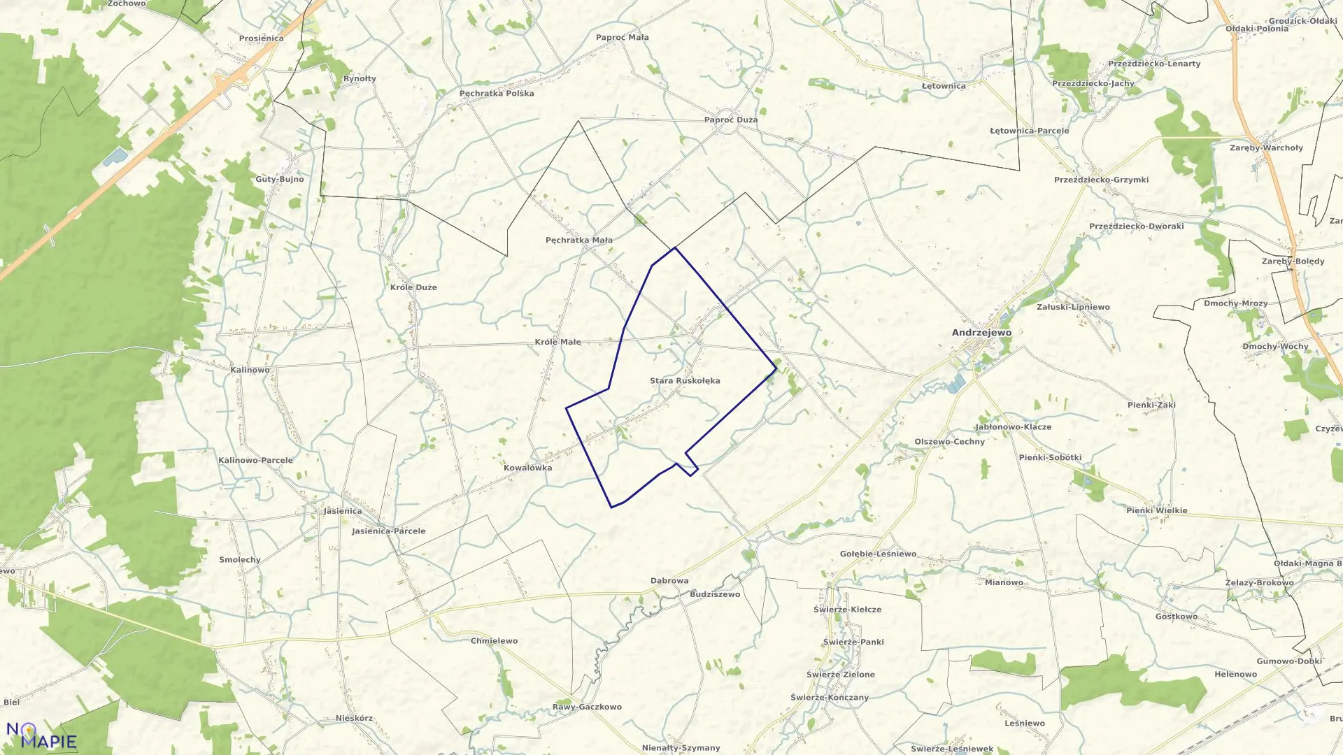 Mapa obrębu Stara Ruskołęka w gminie Andrzejewo