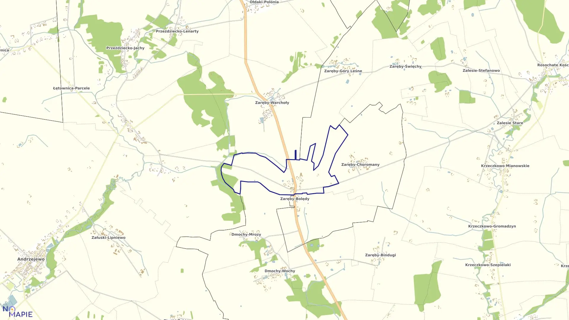 Mapa obrębu Zaręby Ciemne w gminie Andrzejewo